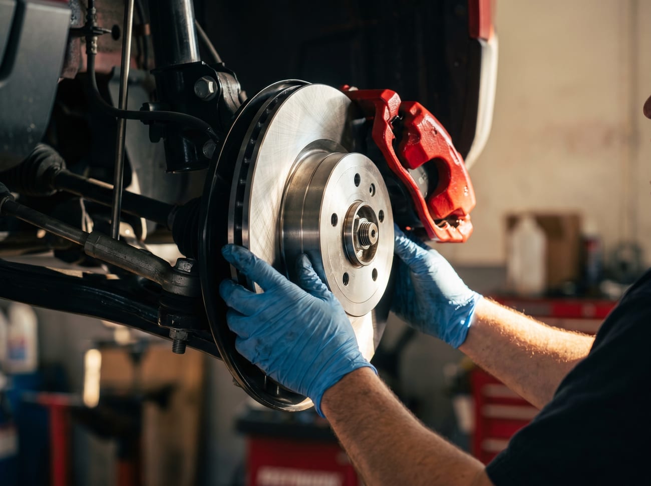 Close-up of new brake rotor and pads being installed at Stanley's Auto Repair Philadelphia