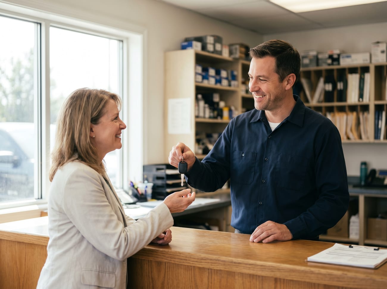 A Stanley's Auto Repair customer getting her keys back, Philadelphia