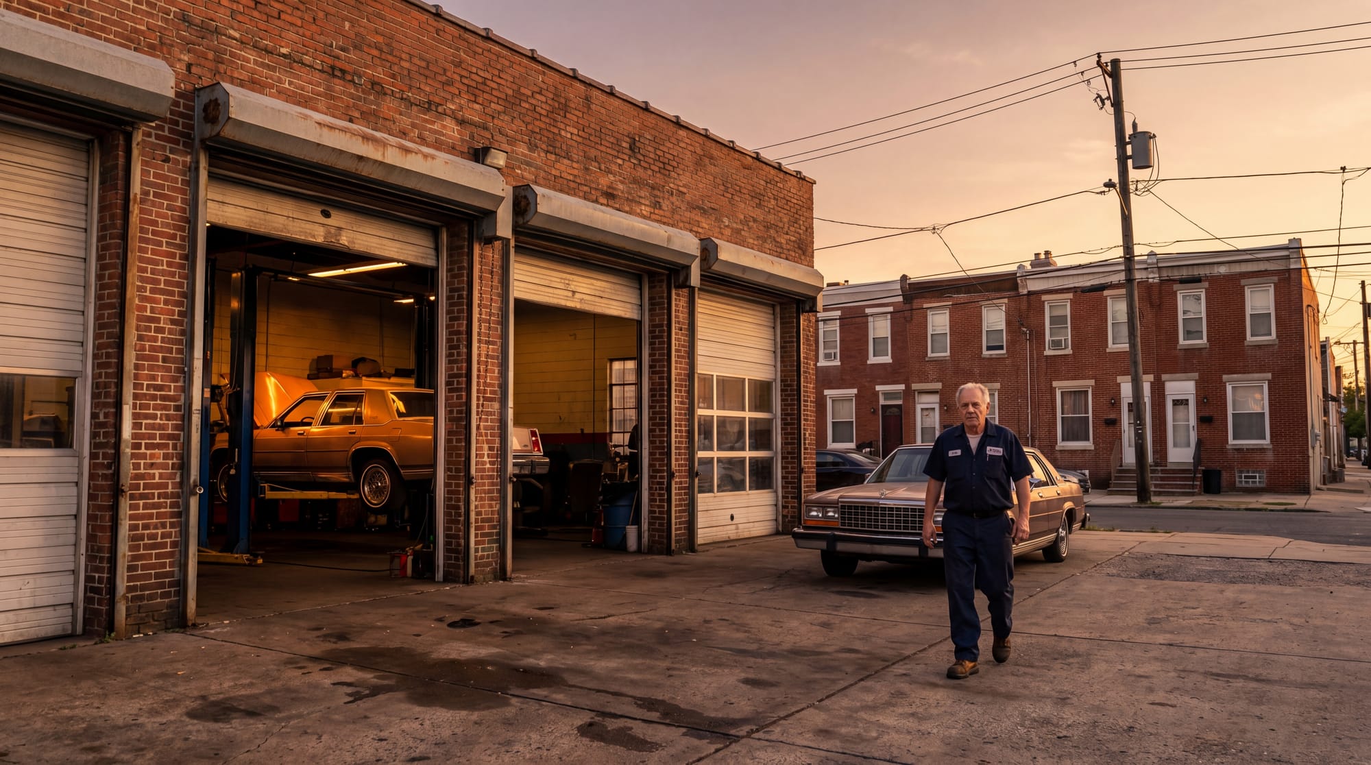 Stanley's Auto Repair shop in Frankford, Northeast Philadelphia at golden hour